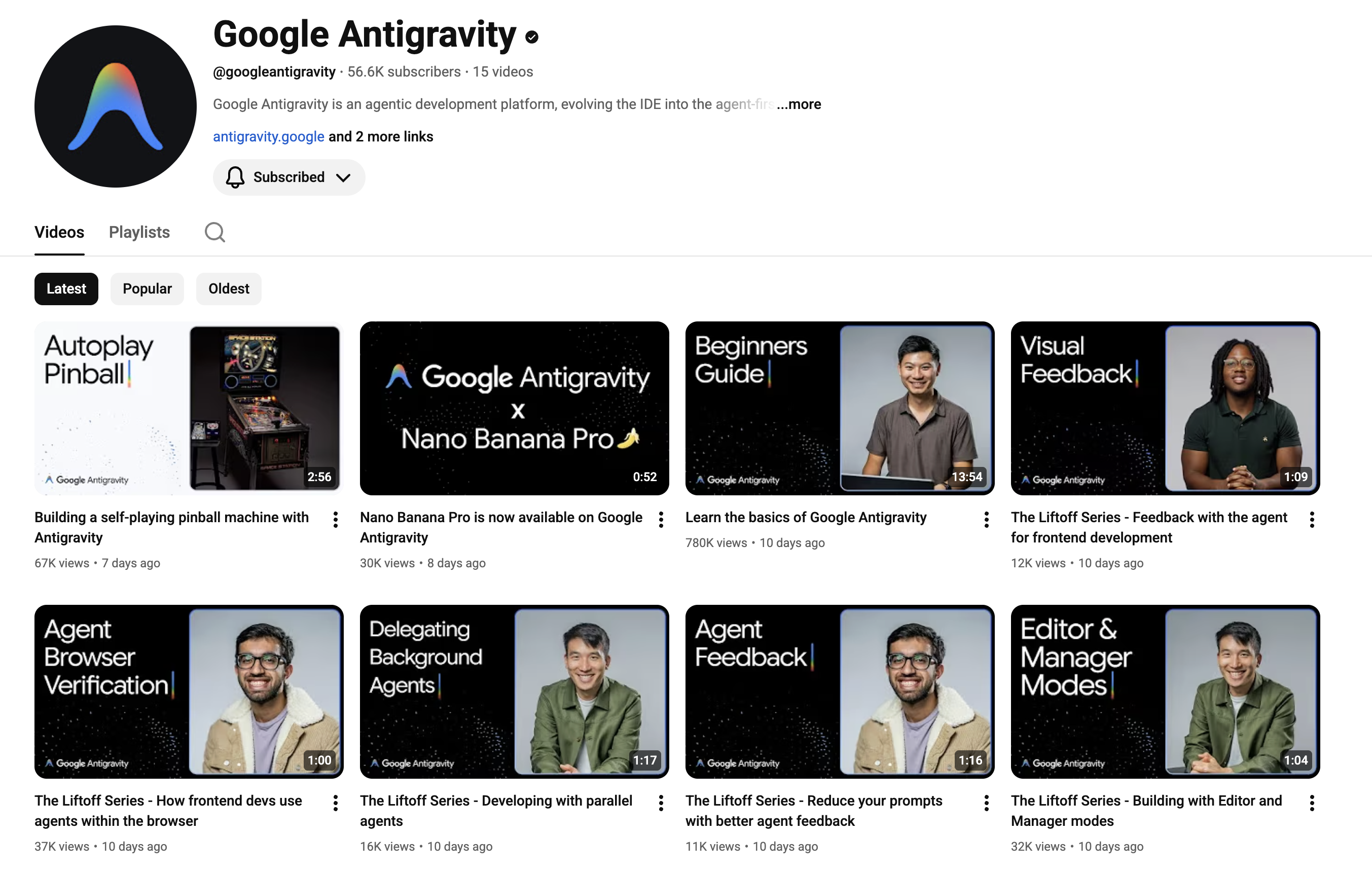 Google Antigravity YouTube 채널 화면. 구독자 56.6K, 15개 영상. 'Autoplay Pinball', 'Google Antigravity × Nano Banana Pro', 'Beginners Guide', 'Visual Feedback', 'Agent Browser Verification', 'Delegating Background Agents' 등 에이전트 관련 영상 목록이 표시됨