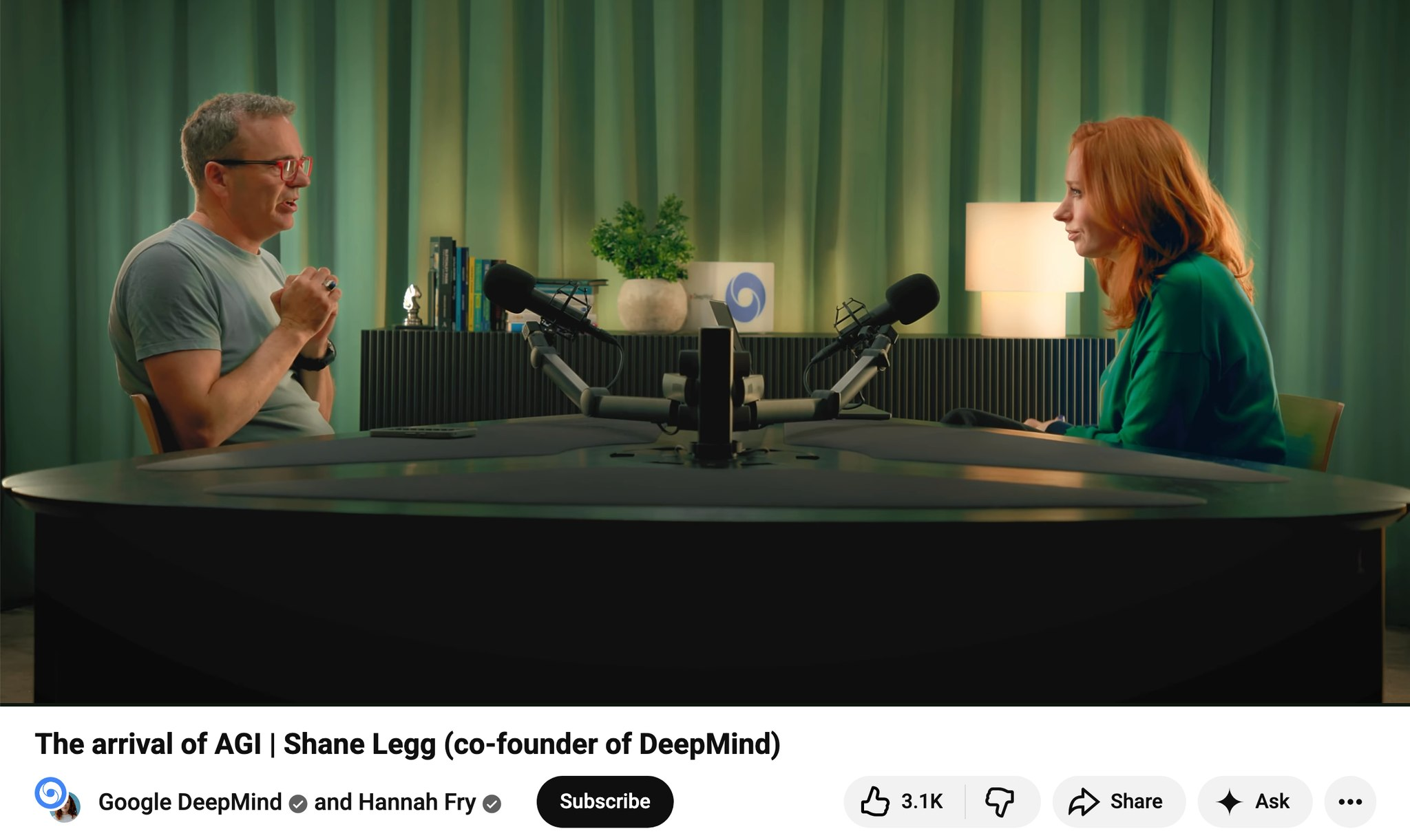 YouTube 썸네일. Google DeepMind의 공동창업자 Shane Legg가 Hannah Fry와 마주 앉아 대화하는 장면. 제목 'The arrival of AGI | Shane Legg (co-founder of DeepMind)', 3.1K 좋아요