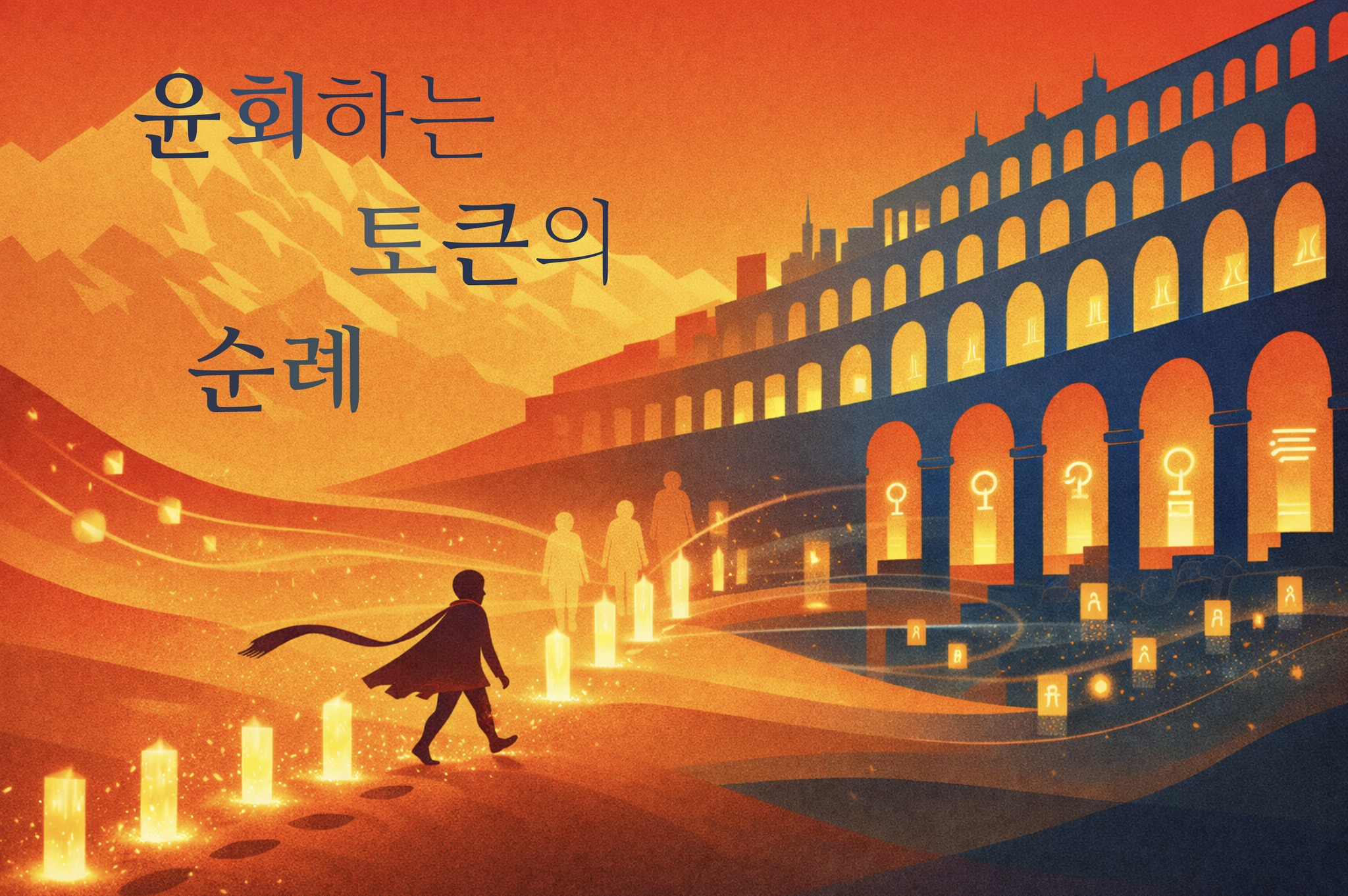 オレンジ色の夕焼けを背景にしたファンタジーイラスト。マントをまとった人物が輝くランタンの間の黄金色の道を歩き、右側には鍵（♀）の紋様が刻まれたアーチ状の柱を持つ壮大な建物が広がっている。左上に「輪廻するトークンの巡礼」というタイトルが記されている。