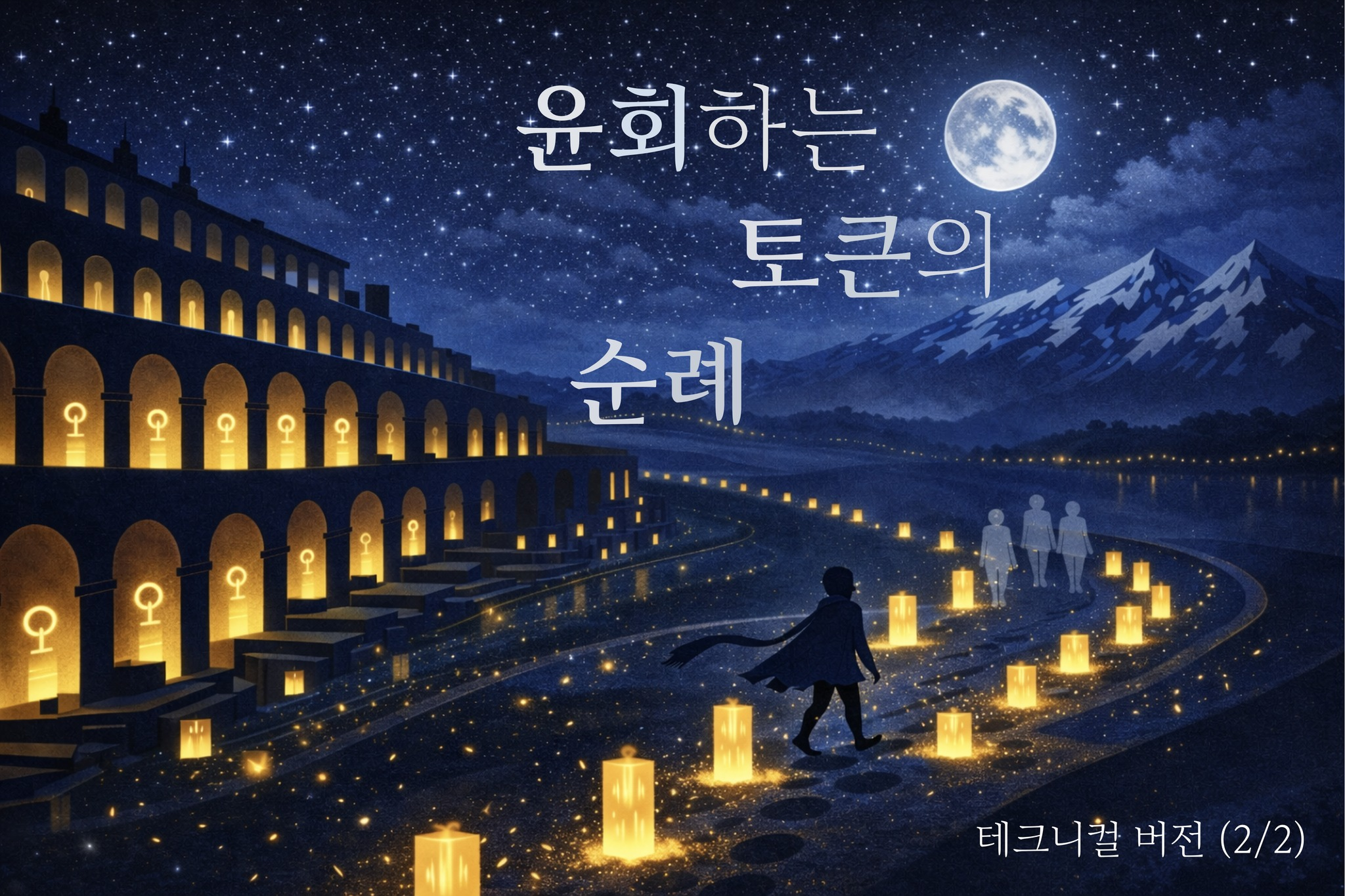 月明かりが降り注ぐ夜空の下のファンタジーイラスト。マントをまとった人物がランタンの並ぶ道を歩き、右側には鍵（♀）の紋様が輝くアーチ型の建物が立ち、遠くには雪に覆われた山々が見える。右下に「テクニカルバージョン（2/2）」の表記がある。