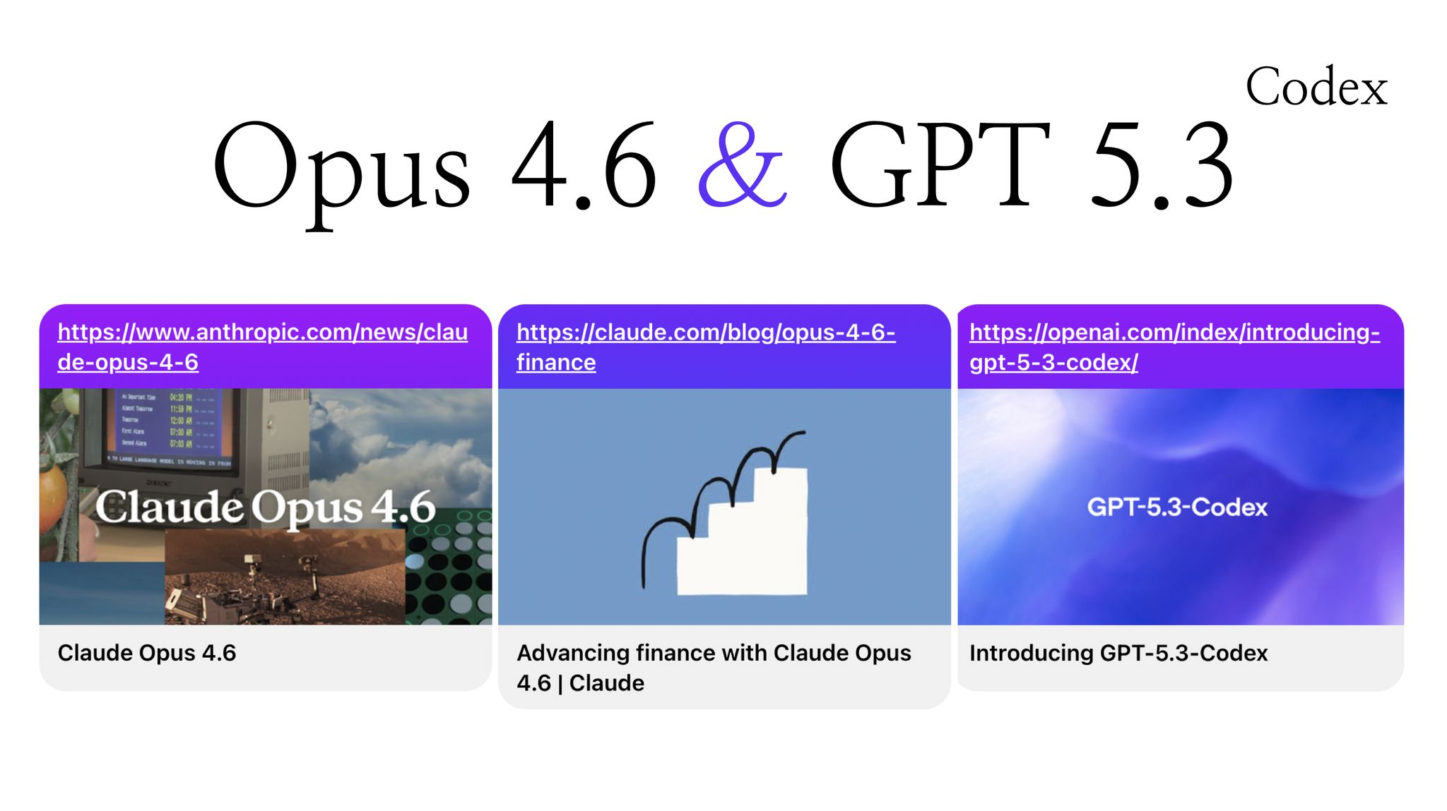 「Opus 4.6 & GPT 5.3 Codex」という大きな見出しの下に、3つのリンクカードが並んだスライド。左から順に、Claude Opus 4.6の発表ページ、「Advancing finance with Claude Opus 4.6」のブログ記事、「Introducing GPT-5.3-Codex」のページで構成されている。