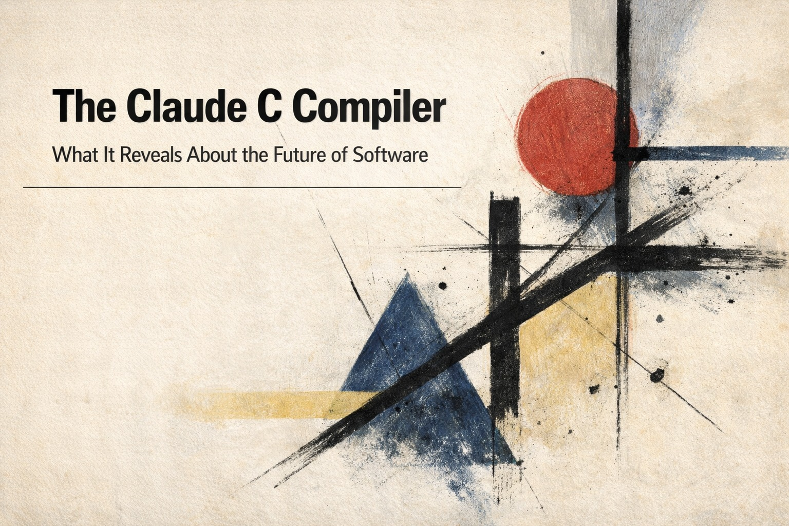 Modularのブログ記事カバー画像。太字のタイトル「The Claude C Compiler」と、副題「What It Reveals About the Future of Software」。背景には、黒い線、赤い円、青い三角形からなる抽象的な構成主義スタイルのアート作品がある。