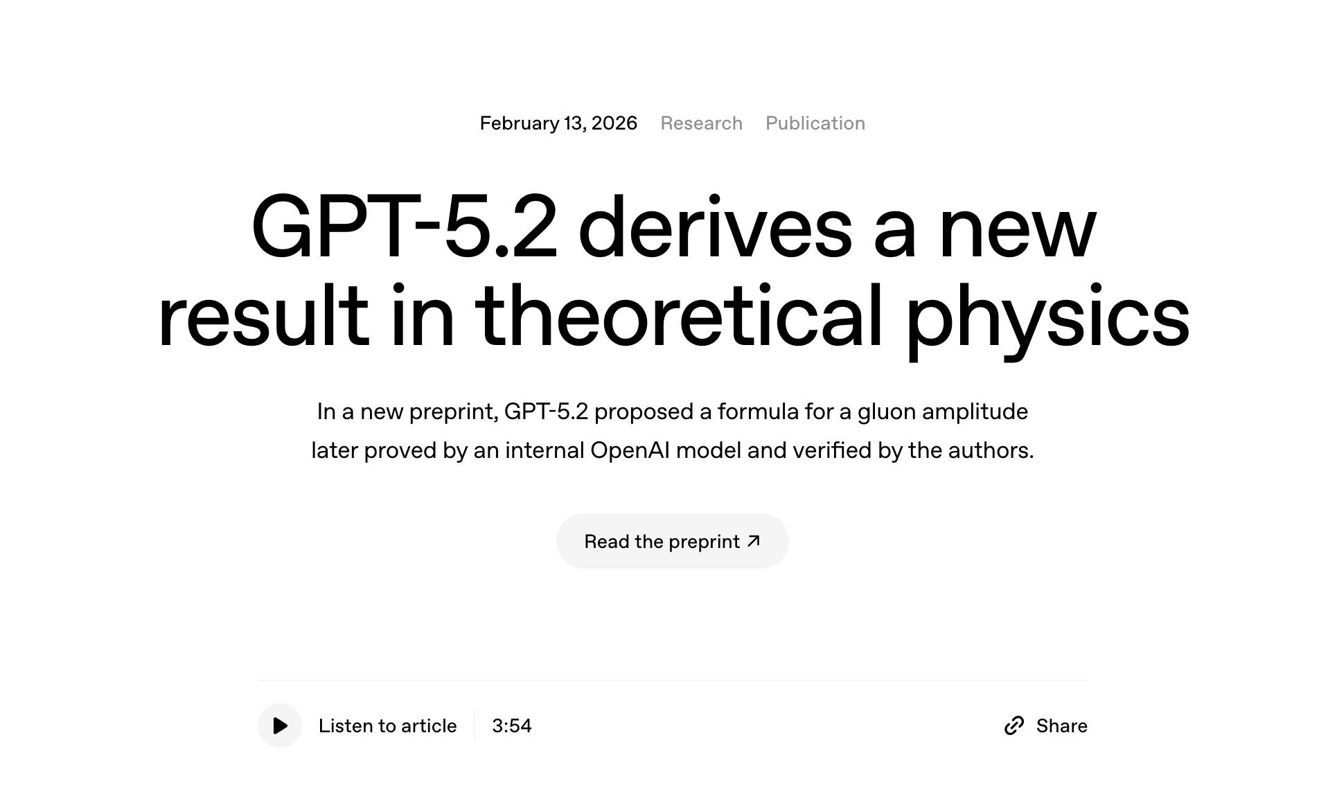 OpenAIブログのヘッダー。大きなタイトル「GPT-5.2 derives a new result in theoretical physics」と、「In a new preprint, GPT-5.2 proposed a formula for a gluon amplitude later proved by an internal OpenAI model and verified by the authors.」という説明文。日付は2026年2月13日。