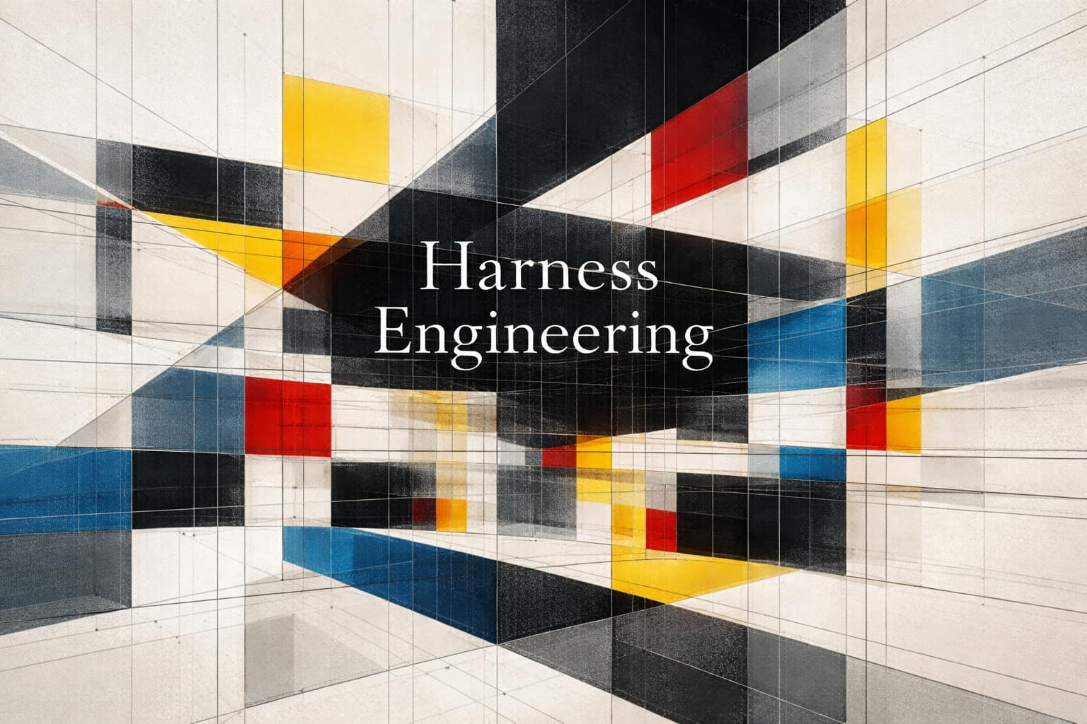 抽象幾何学アートのカバー画像。赤・青・黄・黒のモンドリアン風グリッドパターンの上に、「Harness Engineering」という白いセリフ体の文字がある。