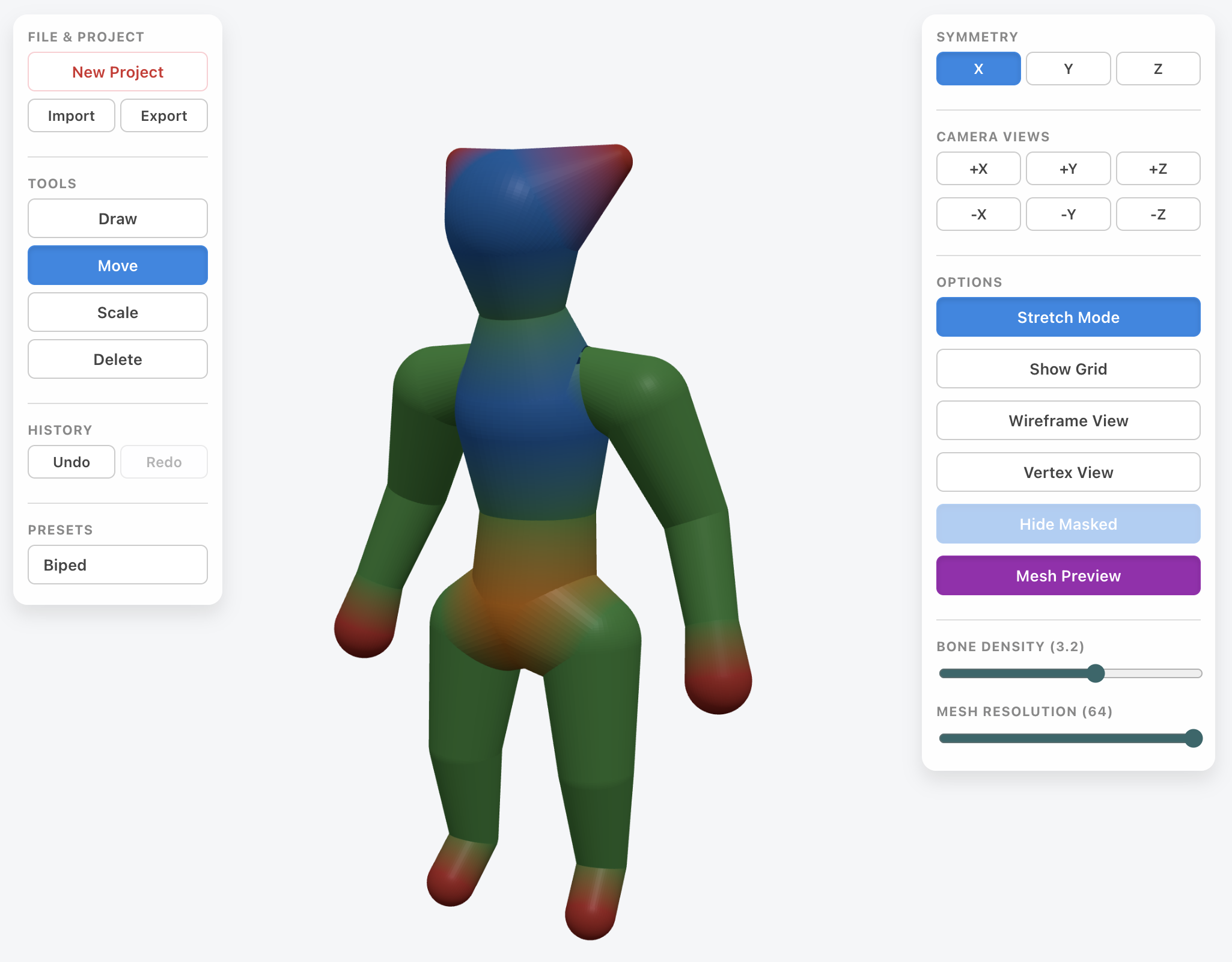 Claude Codeの作業結果画面。左側にはbmesh-mvp-preview.objなどのプロジェクトファイル一覧がチェックマーク付きで表示され、右側にはTポーズを取る人体形状の白い3Dメッシュモデルが表示されている