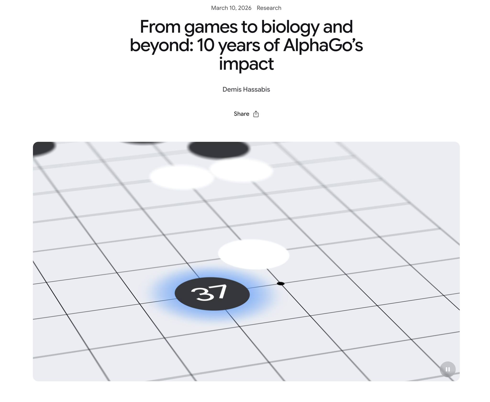 Google DeepMind 블로그에 게재된 AlphaGo 10주년 기념 글 'From games to biology and beyond: 10 years of AlphaGo's impact' 제목과 37번 수가 표시된 바둑판 이미지