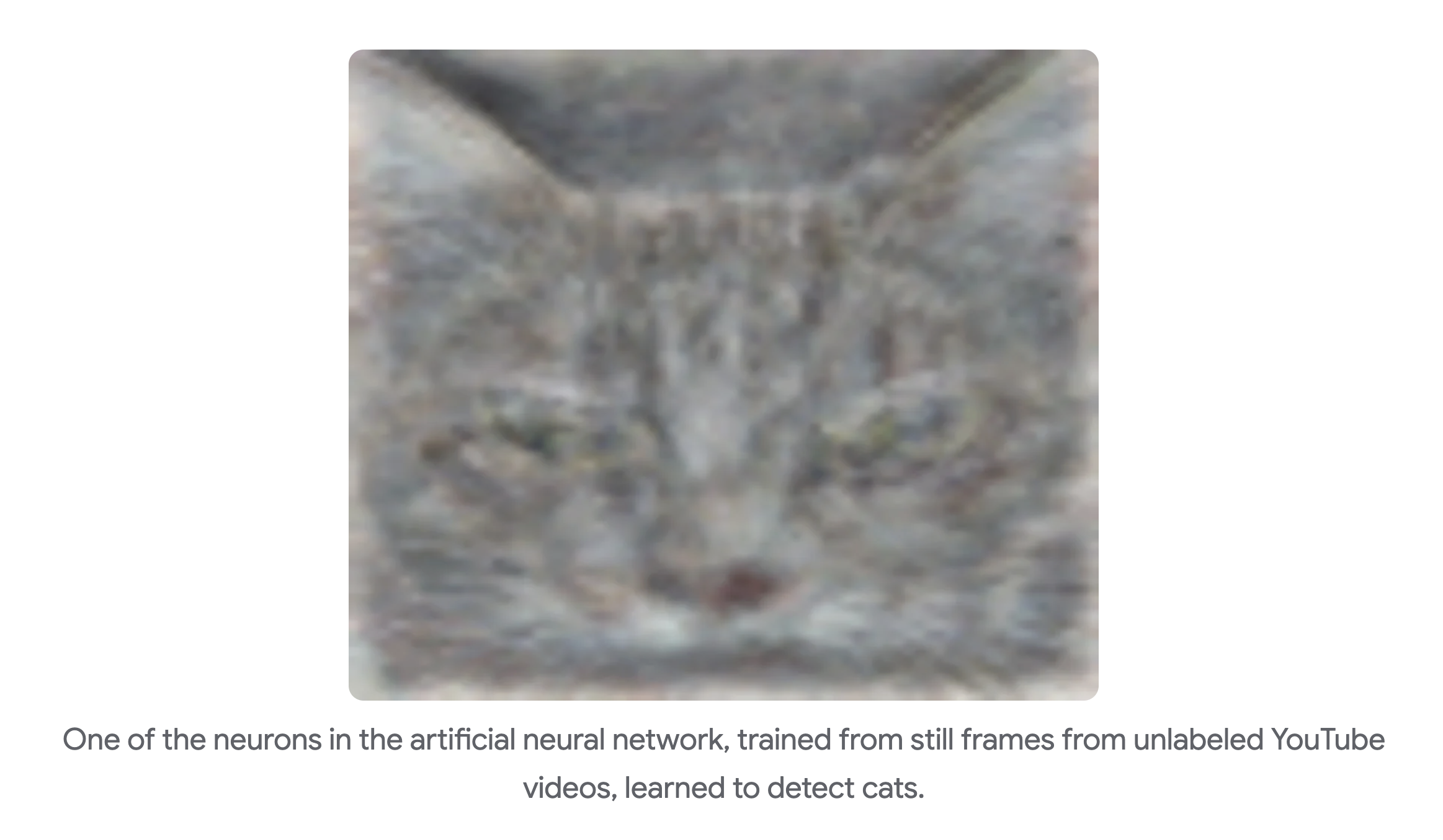 인공 신경망의 뉴런이 유튜브 영상 프레임 학습을 통해 고양이를 인식하도록 자발적으로 학습됐다는 설명 글과 흐릿한 고양이 얼굴 이미지